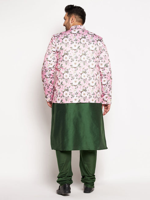 Vastramay Men's Pink Silk Blend Jodhpuri With Dark Green Kurta Pyjama Set