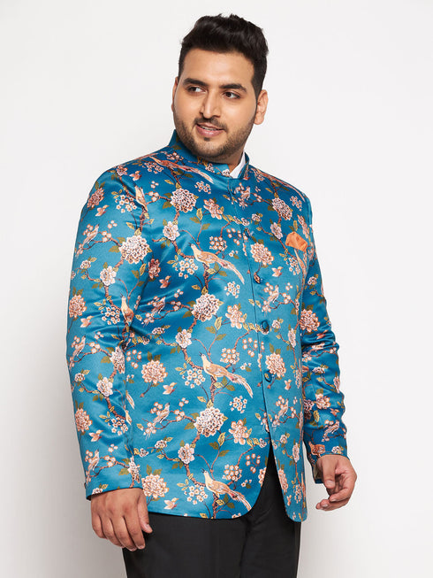 Vastramay Plus Size Men's Turquoise Silk Blend Jodhpuri