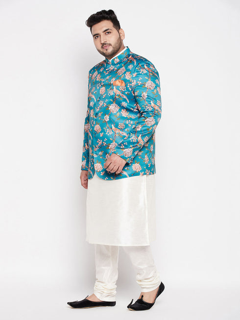 Vastramay Men's Turquoise Blue Silk Blend Jodhpuri With Cream Kurta Pyjama Set