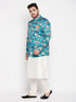 Vastramay Men's Turquoise Blue Silk Blend Jodhpuri With Cream Kurta Pyjama Set