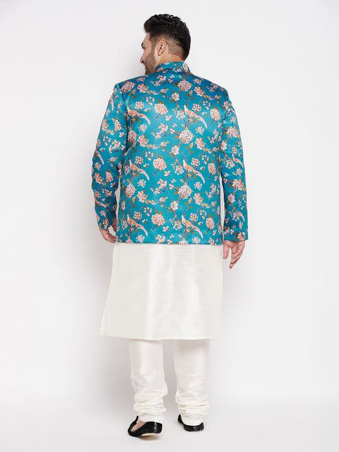 Vastramay Men's Turquoise Blue Silk Blend Jodhpuri With Cream Kurta Pyjama Set