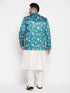 Vastramay Men's Turquoise Blue Silk Blend Jodhpuri With Cream Kurta Pyjama Set