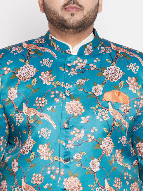 Vastramay Men's Turquoise Blue Silk Blend Jodhpuri With Cream Kurta Pyjama Set