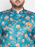 Vastramay Men's Turquoise Blue Silk Blend Jodhpuri With Cream Kurta Pyjama Set