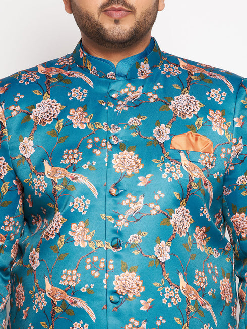 Vastramay Men's Turquoise Blue Silk Blend Jodhpuri With Turquoise Blue Kurta Pyjama Set