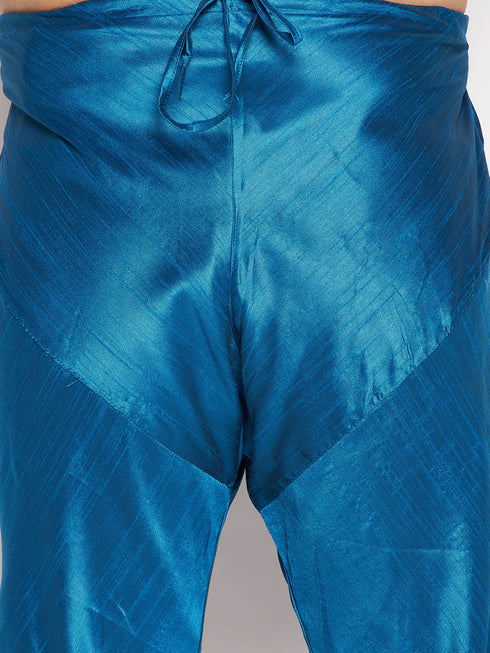 Vastramay Men's Turquoise Blue Silk Blend Jodhpuri With Turquoise Blue Kurta Pyjama Set