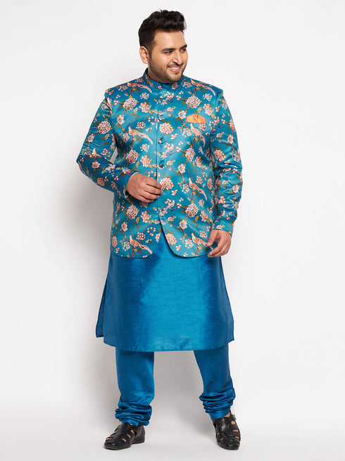 Vastramay Men's Turquoise Blue Silk Blend Jodhpuri With Turquoise Blue Kurta Pyjama Set