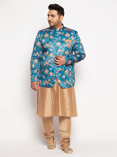 Vastramay Men's Turquoise Blue Silk Blend Jodhpuri With Viscose Rose Gold Kurta Pyjama Set