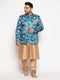 Vastramay Men's Turquoise Blue Silk Blend Jodhpuri With Viscose Rose Gold Kurta Pyjama Set