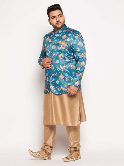 Vastramay Men's Turquoise Blue Silk Blend Jodhpuri With Viscose Rose Gold Kurta Pyjama Set