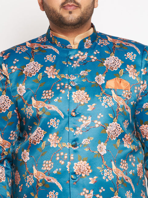 Vastramay Men's Turquoise Blue Silk Blend Jodhpuri With Viscose Rose Gold Kurta Pyjama Set