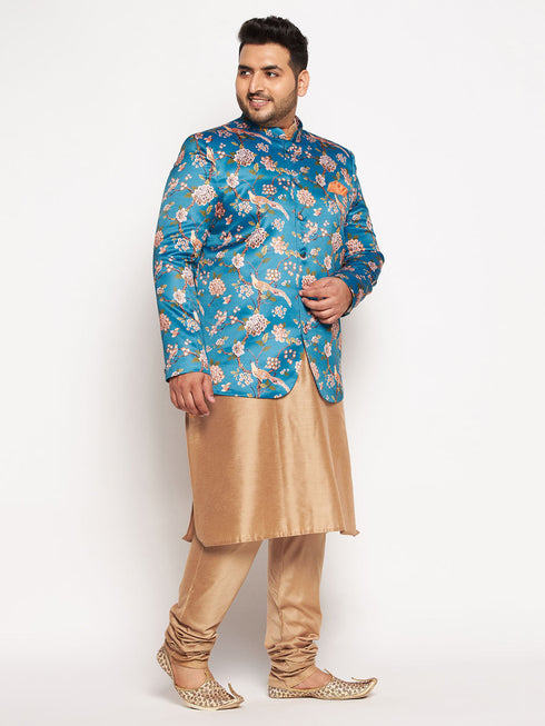 Vastramay Men's Turquoise Blue Silk Blend Jodhpuri With Viscose Rose Gold Kurta Pyjama Set