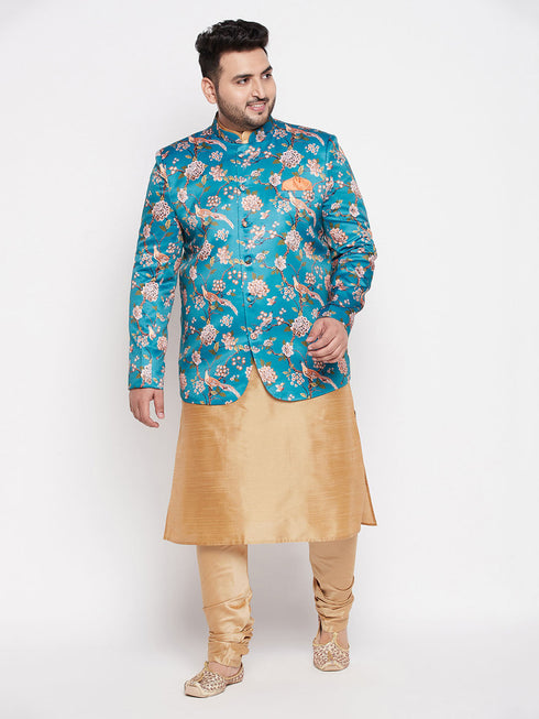 Vastramay Men's Turquoise Blue Silk Blend Jodhpuri With Rose Gold Kurta Pyjama Set