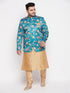 Vastramay Men's Turquoise Blue Silk Blend Jodhpuri With Rose Gold Kurta Pyjama Set