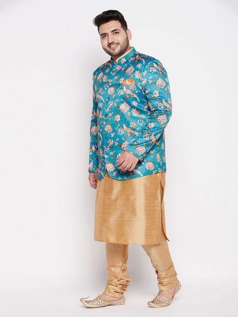 Vastramay Men's Turquoise Blue Silk Blend Jodhpuri With Rose Gold Kurta Pyjama Set