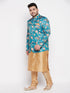 Vastramay Men's Turquoise Blue Silk Blend Jodhpuri With Rose Gold Kurta Pyjama Set