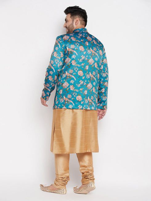 Vastramay Men's Turquoise Blue Silk Blend Jodhpuri With Rose Gold Kurta Pyjama Set