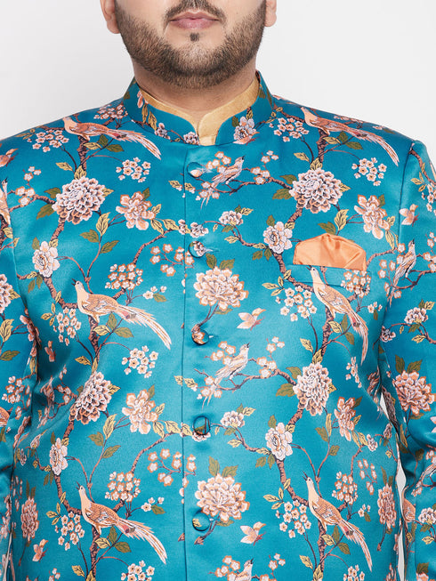 Vastramay Men's Turquoise Blue Silk Blend Jodhpuri With Rose Gold Kurta Pyjama Set