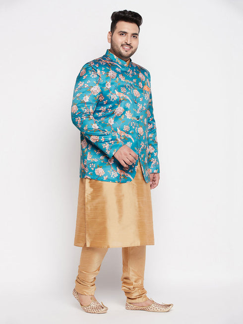 Vastramay Men's Turquoise Blue Silk Blend Jodhpuri With Rose Gold Kurta Pyjama Set
