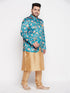 Vastramay Men's Turquoise Blue Silk Blend Jodhpuri With Rose Gold Kurta Pyjama Set