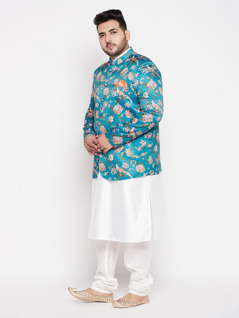 Vastramay Men's Turquoise Blue Silk Blend Jodhpuri With White Kurta Pyjama Set