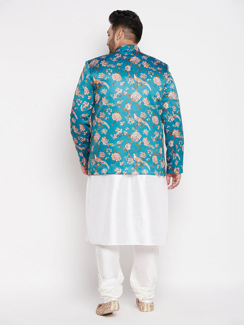 Vastramay Men's Turquoise Blue Silk Blend Jodhpuri With White Kurta Pyjama Set