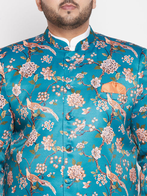 Vastramay Men's Turquoise Blue Silk Blend Jodhpuri With White Kurta Pyjama Set