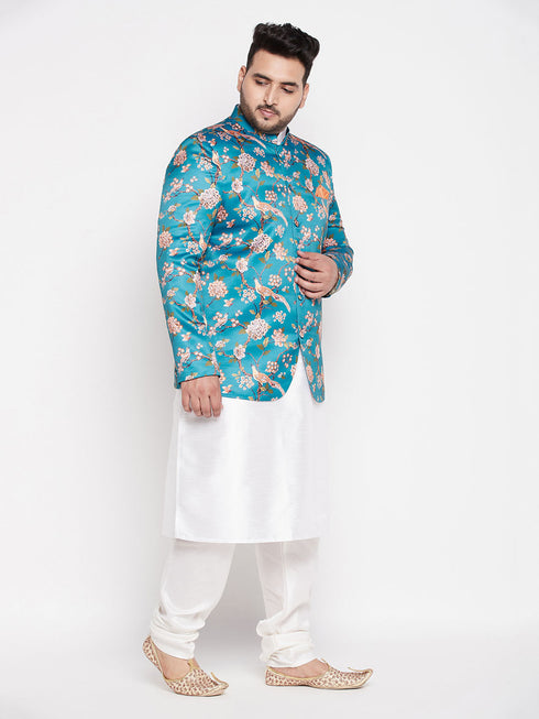 Vastramay Men's Turquoise Blue Silk Blend Jodhpuri With White Kurta Pyjama Set