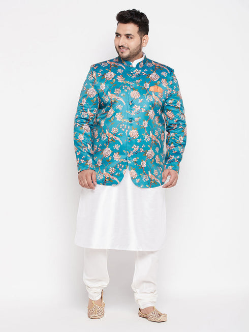 Vastramay Men's Turquoise Blue Silk Blend Jodhpuri With White Kurta Pyjama Set