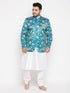 Vastramay Men's Turquoise Blue Silk Blend Jodhpuri With White Kurta Pyjama Set