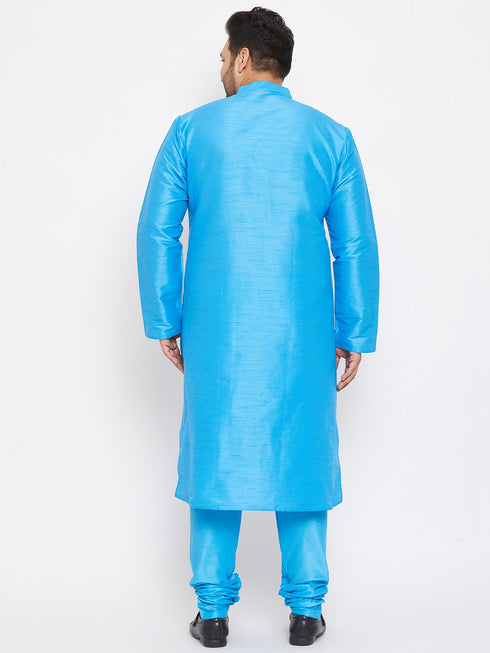 Vastramay Men's Plus Size Aqua Blue Silk Blend Kurta Pyjama Set