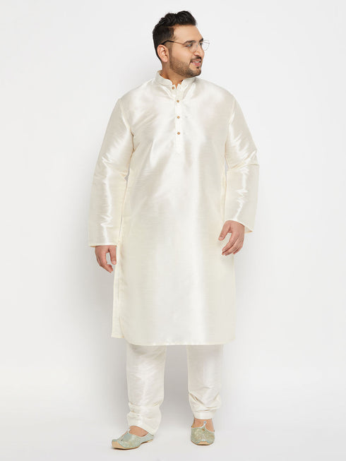 Vastramay Men's Plus Size Cream Silk Blend Kurta Pant Set