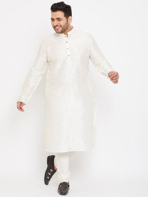 Vastramay Men's Plus Size Cream Silk Blend Kurta Pyjama Set