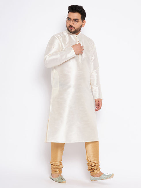 Vastramay Men's Plus Size Cream Silk Blend Kurta Pyjama Set