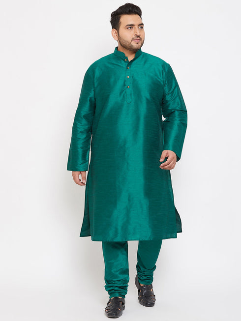 Vastramay Men's Plus Size Green Silk Blend Kurta