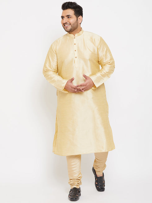 Vastramay Men's Plus Size Golden Silk Blend Kurta Pyjama Set