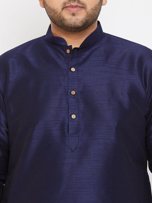 Vastramay Men's Plus Size Navy Blue Silk Blend Kurta Pyjama Set