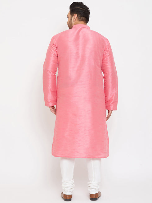 Vastramay Men's Plus Size Pink Silk Blend Kurta Pyjama Set