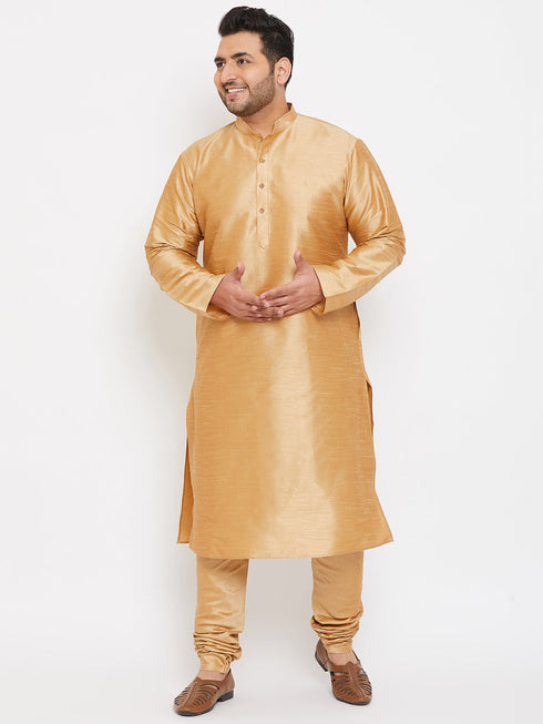 Vastramay Men's Plus Size Rose Gold Silk Blend Kurta Pyjama Set