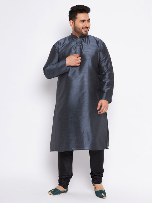 VASTRAMAY Men's Plus Size Grey Silk Blend Kurta Pyjama Set