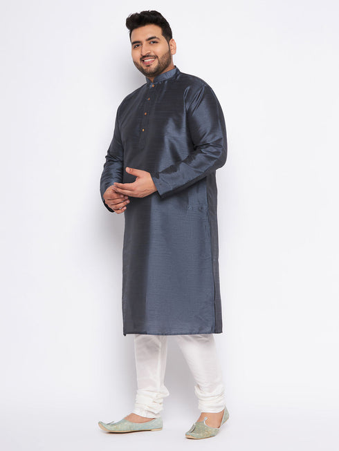 Vastramay Men's Plus Size Grey Silk Blend Kurta Pyjama Set