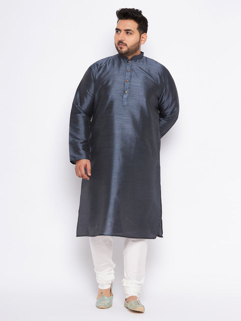 Vastramay Men's Plus Size Grey Silk Blend Kurta Pyjama Set