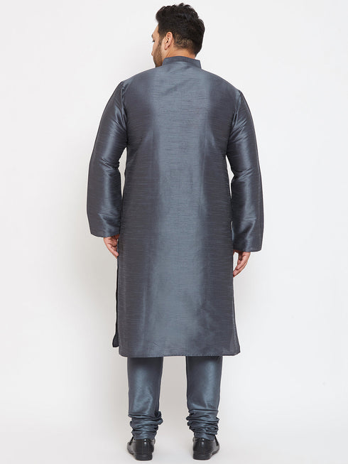 Vastramay Men's Plus Size Grey Silk Blend Kurta Pyjama Set