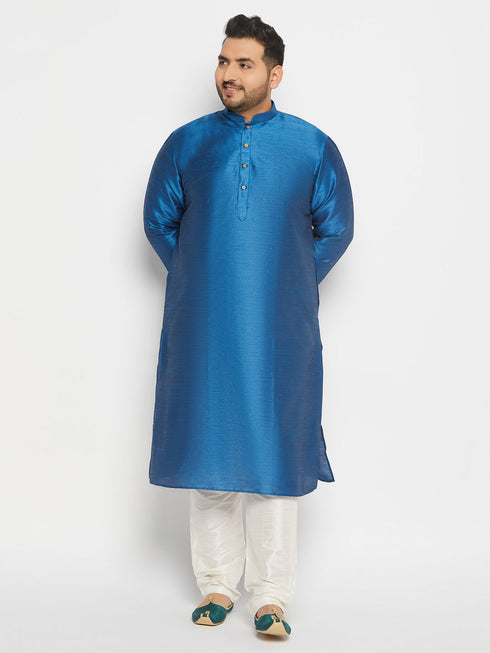 Vastramay Men's Plus Size Turquoise Blue Silk Blend Kurta Pant Set