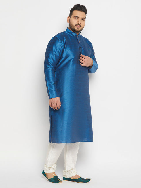 Vastramay Men's Plus Size Turquoise Blue Silk Blend Kurta Pant Set
