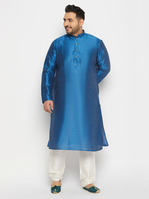 Vastramay Men's Plus Size Turquoise Blue Silk Blend Kurta Pant Set