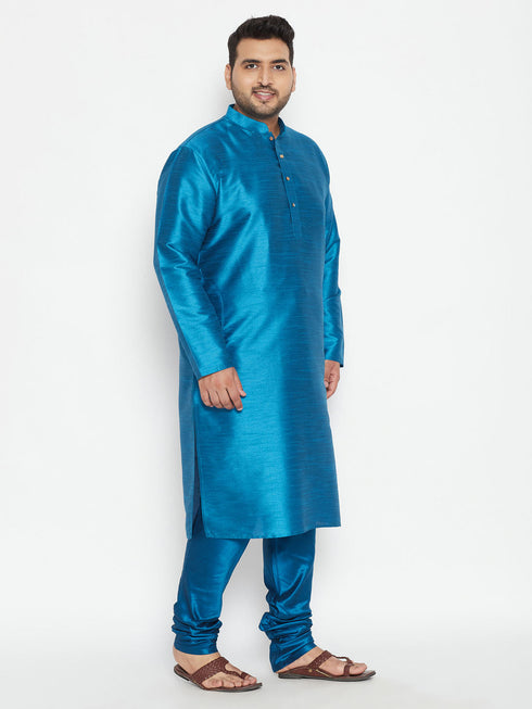Vastramay Men's Plus Size Turquoise Silk Blend Kurta Pyjama Set