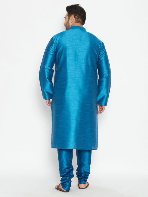 Vastramay Men's Plus Size Turquoise Silk Blend Kurta Pyjama Set