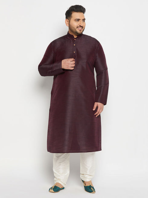 Vastramay Men's Plus Size Burgundy Silk Blend Kurta Pant Set