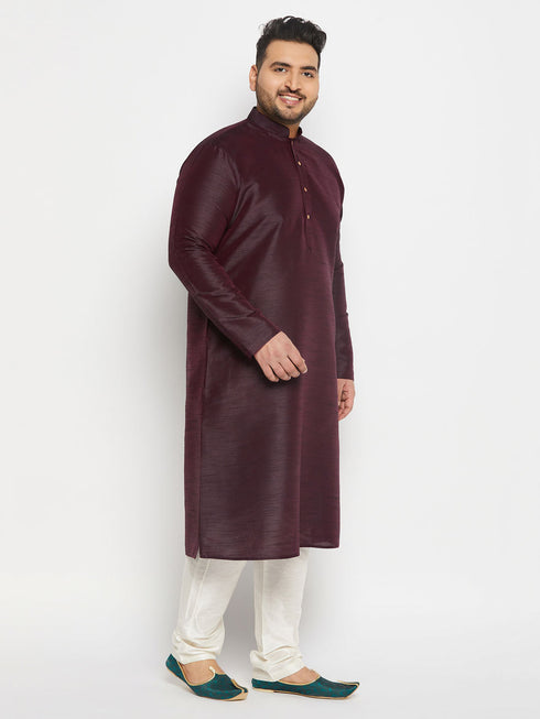 Vastramay Men's Plus Size Burgundy Silk Blend Kurta Pant Set